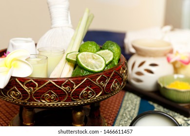 Kaffir Lime Or Bergamot, Lemongrass And Other Thai Herbs In Thai Spa And Massage Shop.