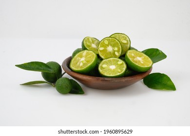 Kaffir Lime, Calamansi Isolated On White Background. Citrus Hystrix. Citrofortunella Microcarpa. 