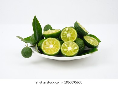 Kaffir Lime, Calamansi Isolated On White Background. Citrus Hystrix. Citrofortunella Microcarpa. 