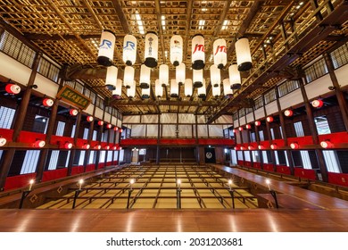 Kagawa, Japan - 26 July 2019: Interior of historical Konpira Grand Theatre (Kanamaruza). Used for kabuki performances. Open to public during off seasons.