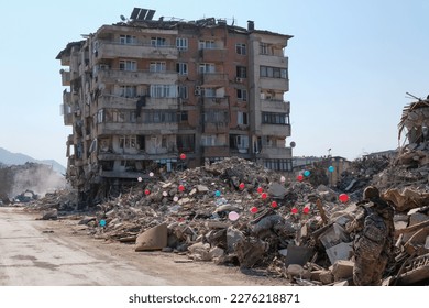Kahramanmaras earthquake, Hatay, collapsed house and street, general view Hatay center.