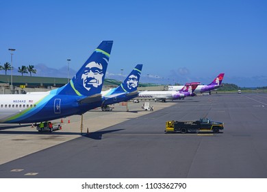 KAHULUI, HI -29 MAR 2018- An Airplane From Alaska Airlines (AS) At The Kahului Airport (OGG) On The Island Of Maui In Hawaii Near The Haleakala Volcano.