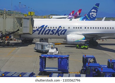 KAHULUI, HI -29 MAR 2018- An Airplane From Alaska Airlines (AS) At The Kahului Airport (OGG) On The Island Of Maui In Hawaii Near The Haleakala Volcano.