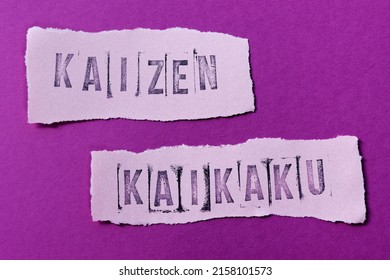 Kaikaku And Kaizen Words (Japanese Terms For Radical Change And Change For Better) On Purple Paper. Stamp Font Letters.