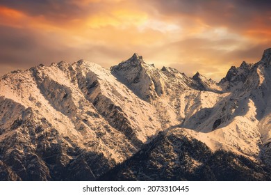 Kailash Himalaya mountain range at sunset as viewed on trek to Kaza at Himachal Pradesh, India