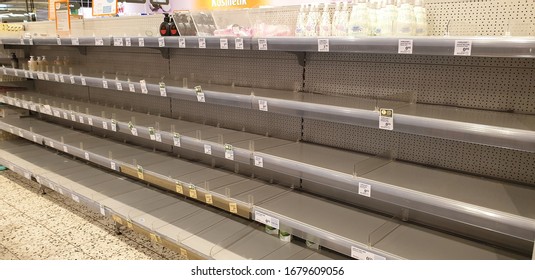 Kaiserslautern, Germany - March 21, 2020: Empty Shelves On The Soap Aisle In A Grocery Store In Germany  During COVID19 Pandemic. 