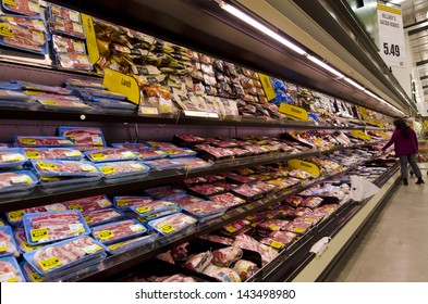 KAITAIA, NZ - JUNE 21 2013:Fresh Meat In Refrigerator Storage On Display.For The Year Ending June 2012, New Zealand Meat Industry Earned Export Revenue Of $6.1 Billion.