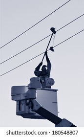 KAITIA, NZ - MAR 06:Electric Engineer Remove An Old Shoes From Power Line On Mar 06 2014.Shoe Tossing Is A Common Youth Vandalism Act Of Throwing A Pair Of Shoes Onto Telephone Wire Or Power Lines.