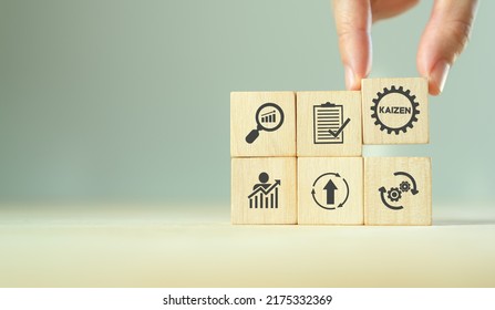 Kaizen concept; the continuous improvement in business for efficiency and effectiveness. Kaizen cycle; improve, continuous, process, result, standard solution. Quality improvement, standardization. - Shutterstock ID 2175332369