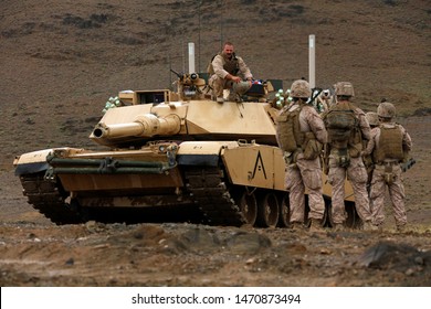 Kajaki, Afghanistan - April 22, 2012: US Marine Corps M1 Abrams Tank Scans The Battle Space For Taliban Fighters. 