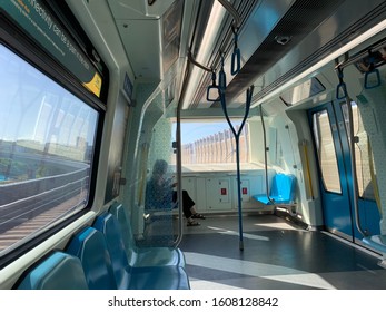 Kajang, Malaysia - January 1st, 2020 : View Inside MRT Mass Rapid Transit At Malaysia Klang Valley, Kuala Lumpur. A Malay Woman Sitting Alone At The Back.