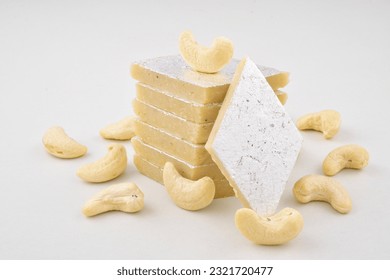 Kaju katli sweet on white background with cashew