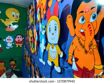 Kalagram, Chandigarh, India - November 24,2019: stickers and posters of cartoons on stall for sale in craft mela at kalagram, Chandigarh 
