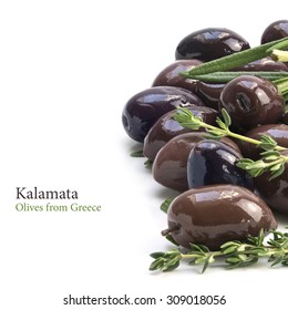 Kalamata, The Aromatic Black Olive From Greece As A Border Background Isolated On White, May Be Used Vertical And Horizontal, Sample Text In The Copy Space