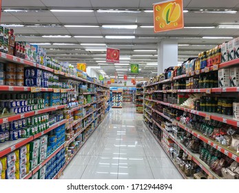 KALAMATA, GREECE - APRIL 2019: Interior Of Sklavenitis Super Market In Kalamata, Greece - Typical View Of The Interior Of A Food Market Department Store