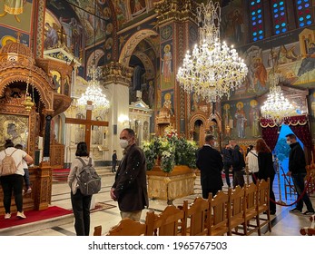 KALAMATA, GREECE - APRIL 30 2021: People Waiting For The Epitaph Pilgrimage Inside The  Metropolitan Church Of Ipapanti During Covid Pandemic Period In Kalamata City, Greece