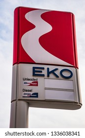 KALAMATA GREECE - MARCH 2017: Logo Of Greek Gas Staions Chain EKO. EKO Is A Greek Company And Member Of The Hellenic Petroleum Group Supplying More Than 160 Petrol Stations In City Centers And Islands