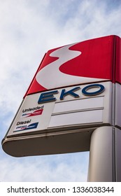 KALAMATA GREECE - MARCH 2017: Logo Of Greek Gas Staions Chain EKO. EKO Is A Greek Company And Member Of The Hellenic Petroleum Group Supplying More Than 160 Petrol Stations In City Centers And Islands