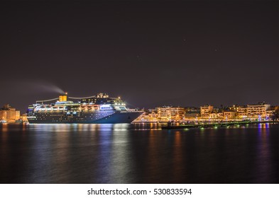 KALAMATA - GREECE NOVEMBER 8 2015: Costa Neoromantica Cruise Ship Anchored At Kalamata Port - HDR Night Photography. Messinia, Greece