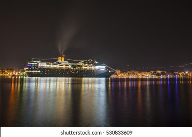 KALAMATA - GREECE NOVEMBER 8 2015: Costa Neoromantica Cruise Ship Anchored At Kalamata Port - HDR Night Photography. Messinia, Greece