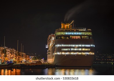 KALAMATA - GREECE NOVEMBER 8 2015: Costa Neoromantica Cruise Ship Anchored At Kalamata Port - HDR Night Photography. Messinia, Greece