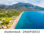 Kalamata Marina port. Aerial photo of Kalamata city, blue long beach in Messenia, Peloponnese, Greece