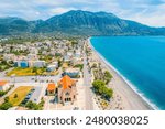 Kalamata Marina port. Aerial photo of Kalamata city, blue long beach in Messenia, Peloponnese, Greece