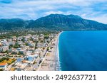 Kalamata Marina port. Aerial photo of Kalamata city, blue long beach in Messenia, Peloponnese, Greece