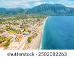 Kalamata Marina port. Aerial photo of Kalamata city, blue long beach in Messenia, Peloponnese, Greece