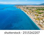 Kalamata Marina port. Aerial photo of Kalamata city, blue long beach in Messenia, Peloponnese, Greece