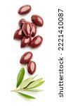 Kalamata olives with leaves in closeup on white background