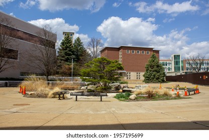 Kalamazoo, Michigan, USA - Apr 6 2021: Western Michigan University Waldo Library Fountain