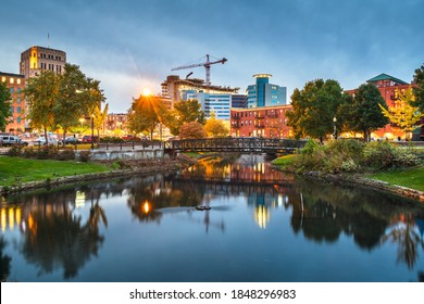 Kalamazoo, Michigan, USA downtown cityscape  and park at dusk. - Shutterstock ID 1848296983