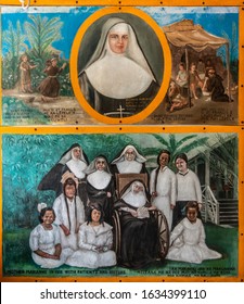 Kalapana, Hawaii, USA. - January 14, 2020: Mary, Star of the Sea Catholic Church. Painting of nun Saint Marianne Cope images with lepers and her team on Molokai Island.