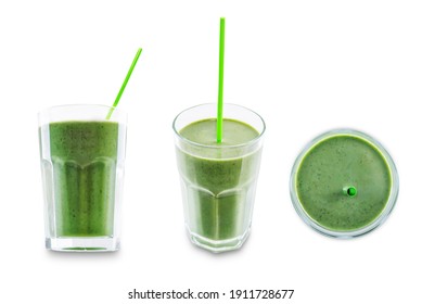 Kale Banana Smoothie In A Glass On A White Isolated Background. Toning. Selective Focus