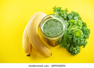 Kale Banana Smoothie In A Glass. Toning. Selective Focus