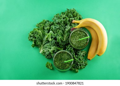 Kale Banana Smoothie In A Glass. Toning. Selective Focus