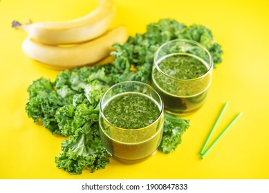 Kale Banana Smoothie In A Glass. Toning. Selective Focus