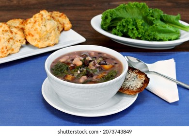 Kale And Bean Soup With A Side Of Cheesy Toast Biscuits