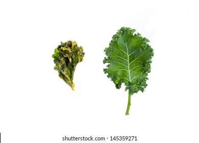 Kale Chip Next To A Kale Leaf On White Background