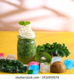 Kale And Kiwi Juice, With Low Calories Cream On Top. Concept Of Healthy Diet 