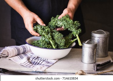 Kale Leafy Greens Vegetable Box Hold In Hands Wash Black Wall Raw Kale Ready To Prepare Food Hand Greens Leafy