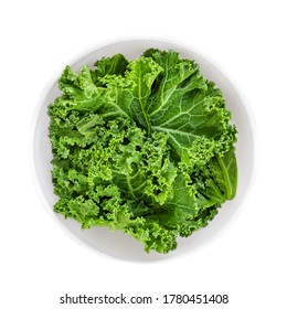 Kale Leaves. Green  Curly  Salad In A Bowl Isolated On White Background. Kale Macro