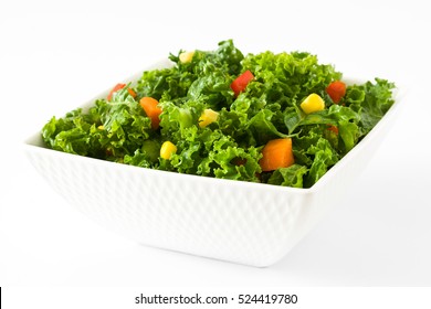 Kale Salad In Bowl With Carrot, Pepper And Sweet Corn Isolated On White Background

