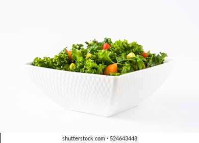 Kale Salad In Bowl With Carrot, Pepper And Sweet Corn Isolated On White Background
