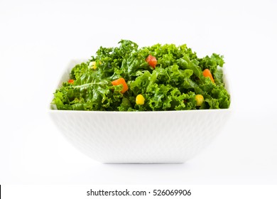 Kale Salad In Bowl With Carrot, Pepper And Sweet Corn Isolated On White Background

