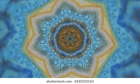 Kaleidoscope background. Paint mix. Floral ink mandala. Yellow blue gold color symmetrical abstract decorative ornament motion in hypnotic illusion art. - Powered by Shutterstock