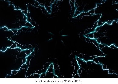 A kaleidoscope of bright glowing lightning discharges. Carousel kaleidoscope. Blurred image.