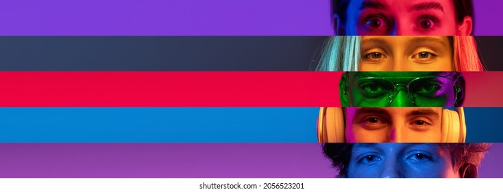 Kaleidoscope of emotions. Collage of close-up male and female eyes isolated on multicolored striped neon backgorund. Concept of equality, mixed ages, interests and gender. Diversity and human rights - Shutterstock ID 2056523201