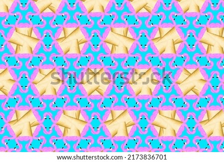 Kaleidoscope style hot summer background. Pink flamingo in a waffle cone.